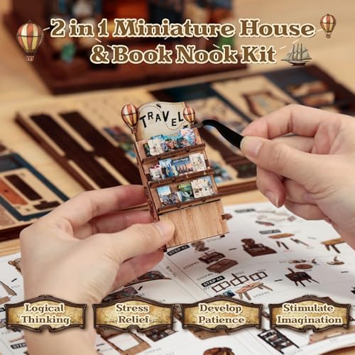 CUTEBEE Book Nook Kit - DIY Miniature House Dollhouse Kit for Adults and Teens, Booknook Tiny House Bookshelf Decor 3D Wooden Puzzle, Gifts for Family, Friends (Journey Trace Bookshop) - Image 5