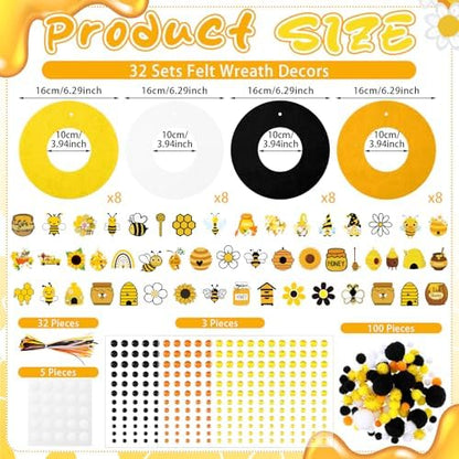 32 Sets Bee Wreath Crafts Kits DIY Summer Felt Bee Wreath Hanging Ornaments with Sunflower Honey Flower Gnome Hive Stickers Crafts Make Your Own for Home Summer Party Decor - Image 3
