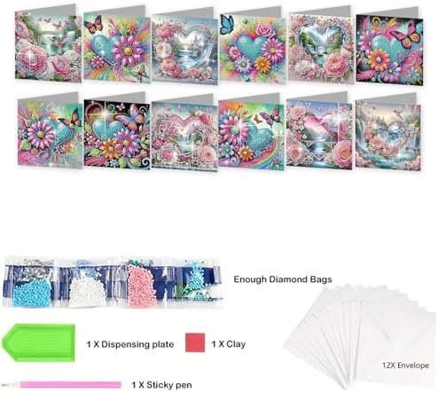 12 Pack Diamond Painting Greeting Cards Kit with Envelopes, 5D DIY Heart Flower Butterfly Hummingbird Diamond Art Cards, Mothers Day Valentines Birthday Cards for Women Her - Image 6