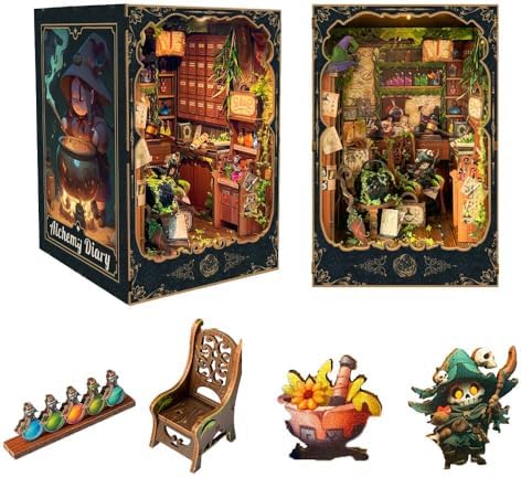 DIY Book Nook Kit for Adults and Teens 3D Wooden Puzzle Miniature Tiny House Dollhouse Kit Bookshelf Booknook Bookcase Model Build Gift Kit Decor with LED Light-Alchemy Diary(SQ-43) by IBOHEYE