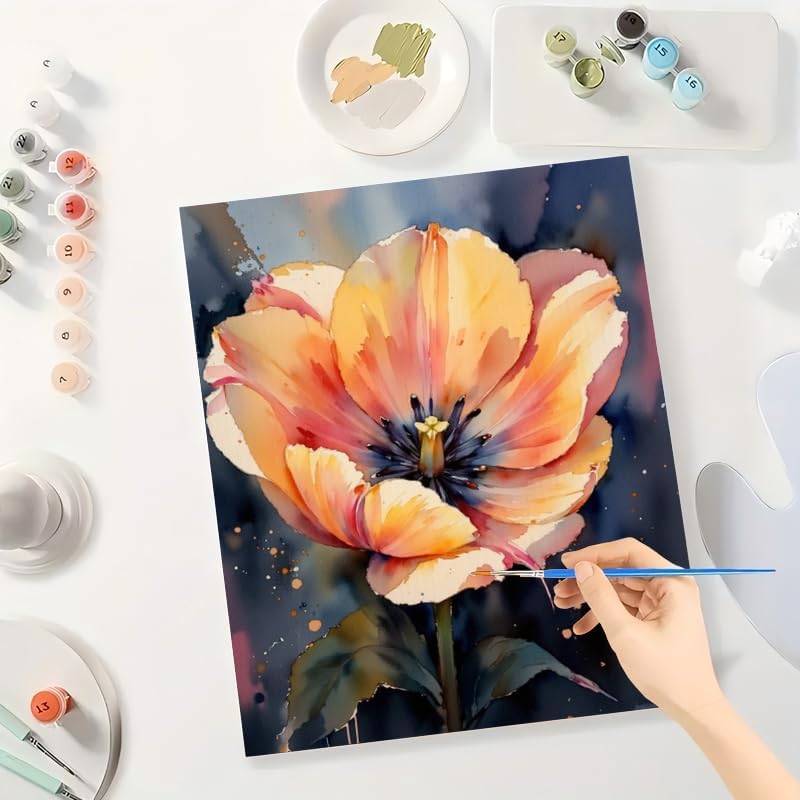 Botanical Art Paint by Numbers Kit for Adults - DIY Orange and Yellow Poppy Flower Close-Up Painting on Canvas 16x20 Inches, Acrylic Paint Set, Suitable for Beginners, for Decoration or Gifts - Image 3