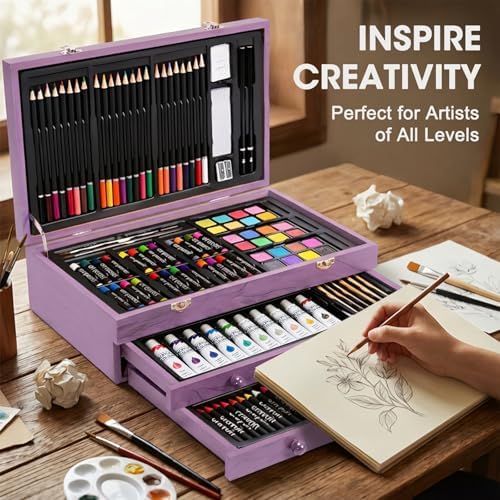 175 Piece Deluxe Art Set with 2 Drawing Pads, Acrylic Paints, Crayons, Colored Pencils, Paint Set in Wooden Case, Professional Art Kit, Art Supplies for Adults, Teens and Artist, Paint Supplies - Image 6