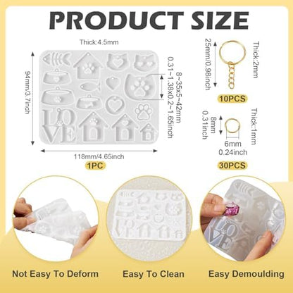 Pet Tag Silicone Mold DIY Keychain Silicone Molds Kit Pet Home Love Heart Cat Puppy Bowl Resin Casting Molds & 10Pcs Key Rings 30Pcs Jump Rings for DIY Keychain Collar Earring Jewelry Making - Image 2