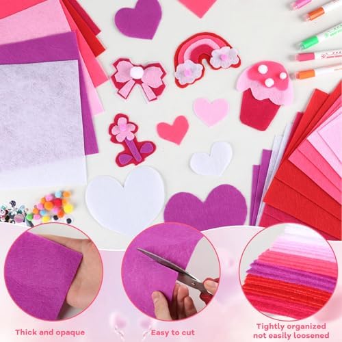 gisgfim 42Pcs Valentine's Day Pink-Purple Felt Fabric Sheet Craft Kit 8 x 12 Inch Assorted Soft Pink Felt Pack with Wiggle Eye Stickers Pom Poms Glitter Craft Supply for DIY Sewing Creative Art Deco - Image 3