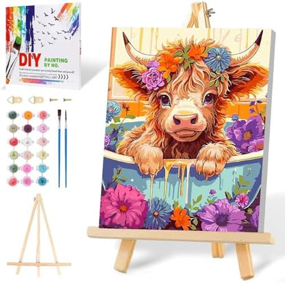 Mowana Cow Paint by Numbers Kit for Adults Beginners Framed, Painting by Numbers for Adults Canvas with Easel for Gift and Home Table Wall Decor 7.8x11.8inch by Mowana