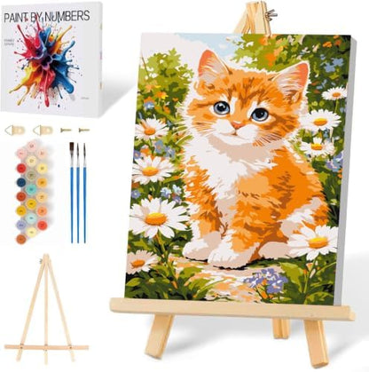 Mowana Easy Paint by Numbers Kit for Adults Beginners, Cat Adult Painting Kit by Numbers with Frame and Easle, Stretched Canvas Paint by Number Kit, 8x12inch by Mowana