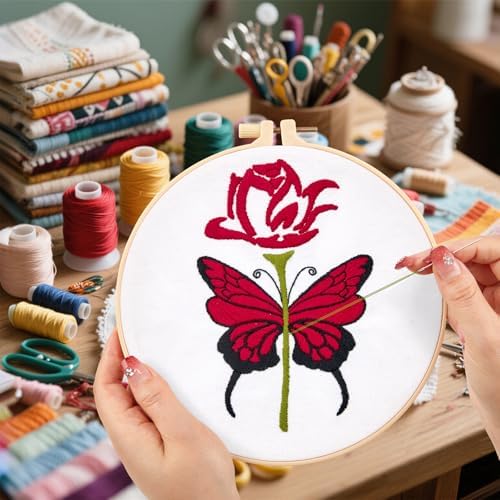 Butterfly Rose Embroidery Kits for Beginners Adults, Valentine's Day Hand Embroidery Kits, Cross Stitch Kits for Adult Anniversary Valentine's Gifts, Entire Set of Embroidery Supplies & Video Tutorial - Image 6