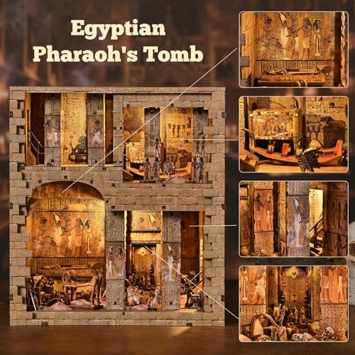 fifijoy Book Nook Kit - DIY Miniature Dollhouse for Adults and Teens, 3D Wooden Puzzle Booknook Tiny House Bookshelf Decor with LED Light, Gifts for Family, Friends (Egyptian Pharaoh’s Tomb) - Image 3