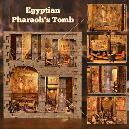 fifijoy Book Nook Kit - DIY Miniature House Dollhouse Kit for Adults and Teens, 3D Wooden Puzzle Booknook Build Bookshelf Decor with LED Light, Gifts for Family and Friends (Egyptian Pharaoh's Tomb) - Image 2