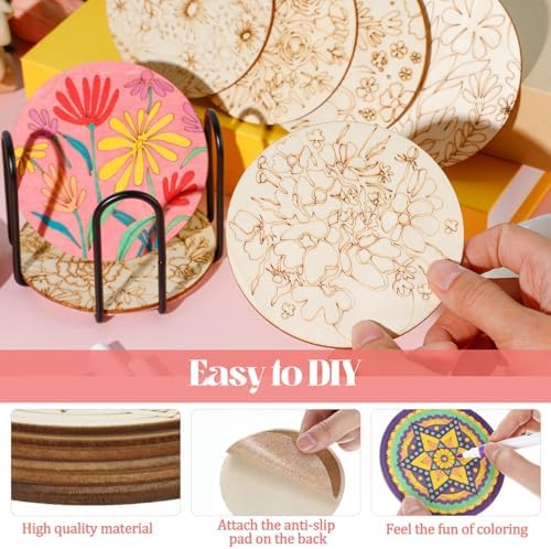 Reallnaive 45 Pcs Wooden Coaster Painting Kit, 10 Boho Flower Coasters - Image 4