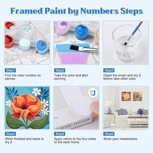 Canrichshop 4 Pack Framed Paint by Numbers Kit for Adults Beginner & All Ages 8-12 and More,Flowers Painting by Numbers, DIY Number Painting for Adults for Decor Present 8X 8 inch - Image 7