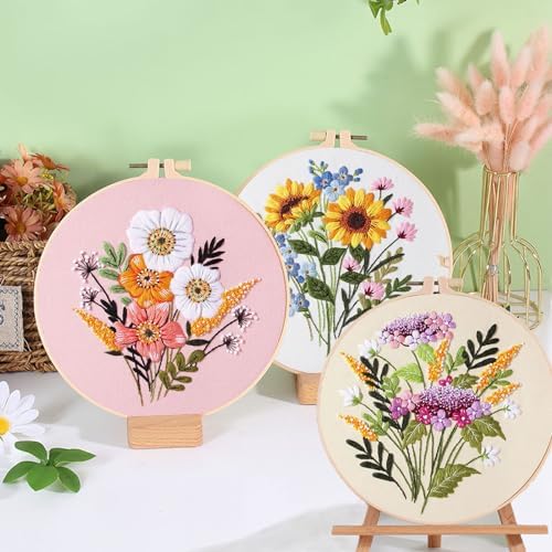 Ohcol 3 Sets Embroidery Kit for Beginners Cross Stitch Kits Needlepoint Kits Crafts for Adults with 3 Embroidery Hoops Easy-to-Follow Operating Instructions,Needle Point Kits with Flowers Patterns - Image 2