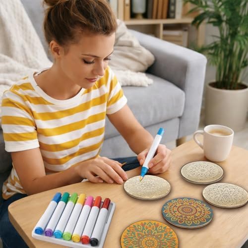 26PCS Wood Coasters Craft Kit 10 Paint You Own Coaster with 16 Markers Wooden Coasters Painting Set for Adults and Beginners DIY Coaster Kit Mandala Painting Crafts Art Supplies(Mandala) - Image 6