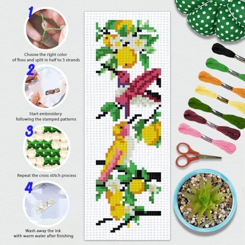 BEUNITONE 6 Pcs Cross Stitch Bookmark Kit for Beginner Vintage Flower Hand Embroidery Kit with Instruction Hummingbird Stamped Embroidery Bookmarks Handmade for DIY Crafts Book Lovers 8.5''x3'' - Image 4