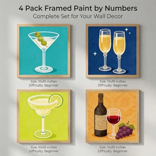 Amphol 4 Pack Framed Paint by Numbers Kit for Adults, Vintage Bar Easy Paint by Numbers for Beginners with Frame, 10x10 Inch Framed Wine Oil Painting Art on Canvas for Home Wall Decor and Gift - Image 2