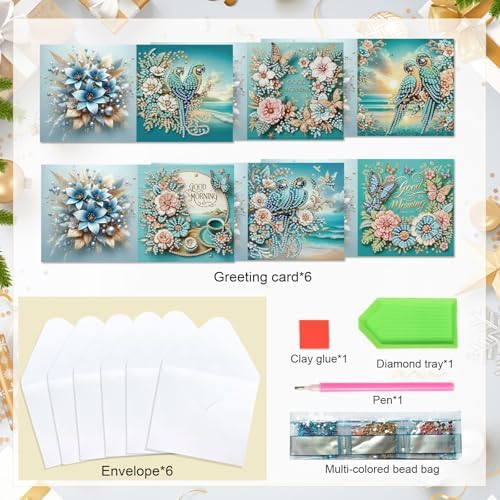 LazyFold 6Pcs DIY Diamond Art Painting Greeting Cards with Envelopes, Blue Theme All Occasion Note Card Kit for Women, Handmade Thank You Birthday Friendship Cards Gift - Image 3