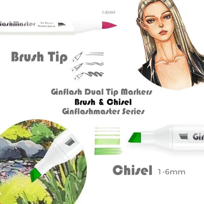 Ginflash Brush Chisel Tip Art Markers Designer Pen Sketch Alcohol Markers Dual Tips Manga Drawing Coloring book marker for artist (80)