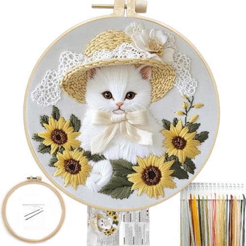 FONNUY White Kitten Embroidery Kit, Sunflowers Cat Lace Hat Cross Stitch Kits for Beginners, Handmade Crafts with Printed Patterns for Adults, Color Thread Needlework, 8'' Hoop (Cat 04) by FONNUY