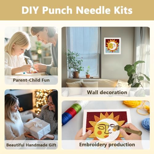 Doodlream Sun and Moon Needle Kit for Beginner, 9.4"x 9.4" Cartoon Face Punch Stitching Craft Set, Color DIY Embroidery Starter with Printed Frame, Instruction, Threader, Yarn, Pinch Needle - Image 4
