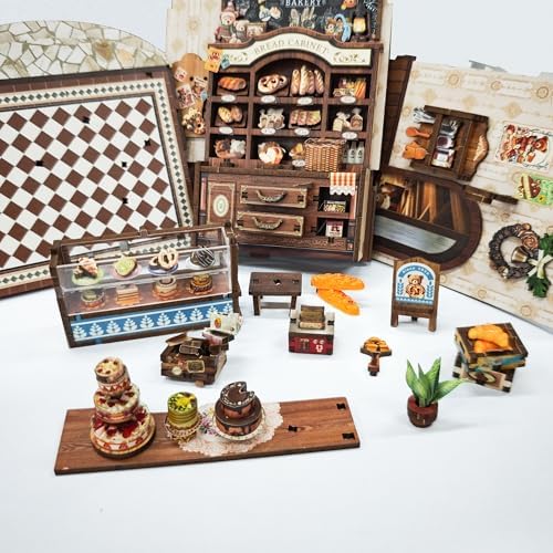 Book Nook Kit,DIY Miniature House kit,3D Puzzle Dollhouse Bookshelf Decor,Store Theme Booknook with LED Light Dust Cover,Gifts for Adults Teens and Beginners - Bear Bakery (SQ-65) - Image 5