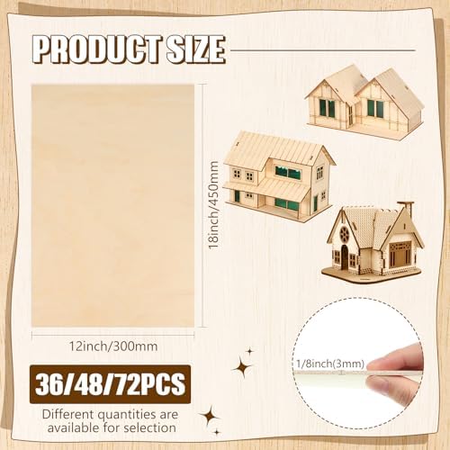 Riakrum Basswood Sheets Plywood Board Unfinished Wood Boards for Crafts for DIY Laser Projects Architectural Mini House Building Hobby Model Making(12 x 18 x 1/8 Inch,48) - Image 2