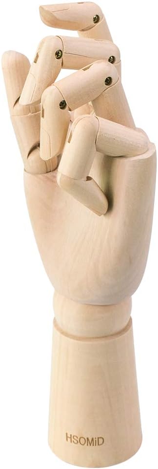 HSOMiD Flexible Wooden Artist Manikin - Moveable Hand Figure, 12 Inches, Men's Left Hand for Sketching, Drawing, Painting & Home Office Decoration