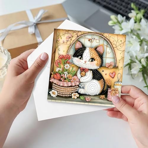 ARTopet 6Pcs Folding Greeting Card Diamond Art Painting Thank You Blessing Cards with White Envelope Rhinestones Painted Making Kits for Adults DIY Craft Holiday Gift-Cat01 - Image 2