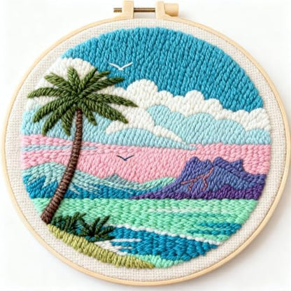 DIY Punch Needle Kits Palm Tree and Colorful Sea Beach 20x20cm by Unknown