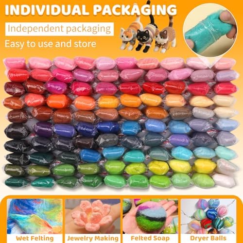 WONVOC 100 Colors Needle Felting Wool, Wool Roving 3g /Color, 10.5 oz Total - Image 4