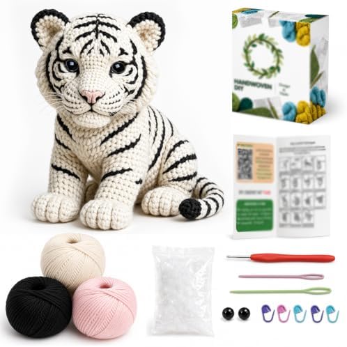 FACE N FACE DIY Crochet White Tiger Kit for Beginners – Amigurumi Tiger Cub Stuffed Animal Knitting Kit with Yarn, Hook & Step-by-Step Instructions – Easy Beginner Crochet Animal Craft for Adults by FaceNFace