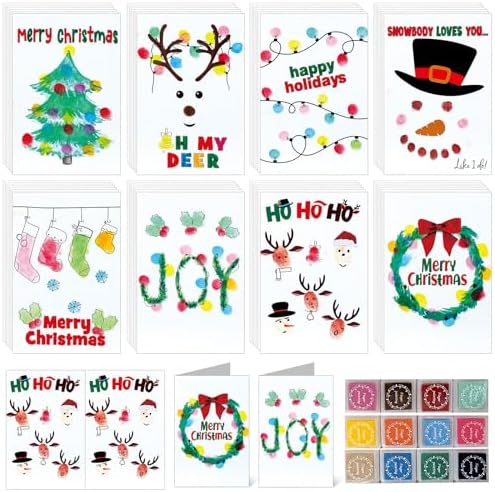 Motipuns 48 Sets Christmas Cards Making Crafts Kits 4 x 6 Inch DIY Thumbprint Christmas Crafts with Ink Pad Fingerprint Make Your Own Folded Greeting Card Making Kit for Xmas Gifts Fun Home Activity by Motipuns