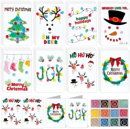 Motipuns 48 Sets Christmas Cards Making Crafts Kits 4 x 6 Inch DIY Thumbprint Christmas Crafts with Ink Pad Fingerprint Make Your Own Folded Greeting Card Making Kit for Xmas Gifts Fun Home Activity by Motipuns