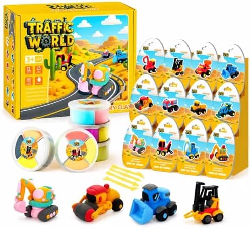 Air Dry Clay Kit for Kids – 12 Pack Construction Vehicles Modeling Clay Set by Porlinquus