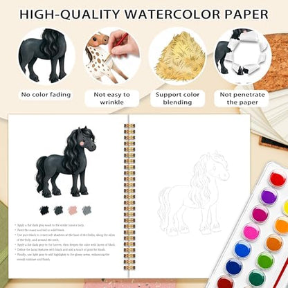 Easy Horses Watercolor Workbook for Adults Beginners, Water Coloring Painting Book with 12 Patterns, Travel Painting Pad, Art Gift for Horse Lovers Adults Teen - Image 3