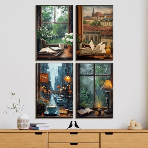 4 Pack Framed Paint by Numbers Kit for Adults Window View, Wooden Easel - Image 2