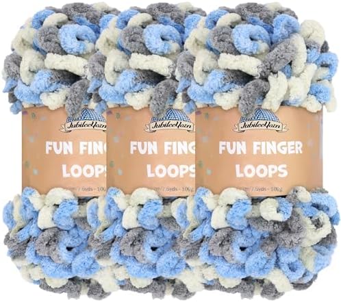 JubileeYarn Fun Finger Loops Yarn - Multicolor Grey Light Blue - 3 Skeins by BambooMN