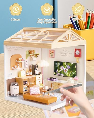 Kisoy DIY Miniature House Kit, Tiny House Kit with Furniture and LED Light, Mini Blocks Model Kit Sets, DIY Crafts/Hobbies Toys for Adults and Teens (Living Room) - Image 4
