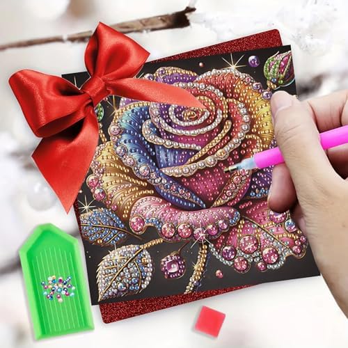 POETRYDRAW 6 Pack 5D DIY Diamond Art Painting Rose Greeting Card Kit, Diamond Birthday Holiday Greeting Card, Art Crafts Kit Creative with Envelope - Image 2