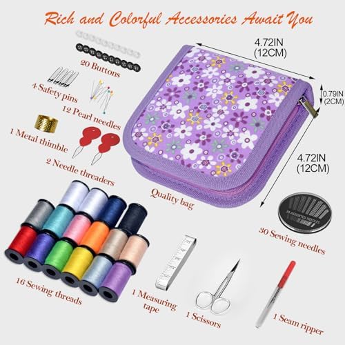 Sewing Kit Gifts for Grandma, Mom, Friend, Traveler, Adults, Beginner, Emergency,Sewing Supplies Accessories with Scissors,Sewing Needles Thimble, Thread,Tape Measure etc(Wildflower Purple, S) - Image 3