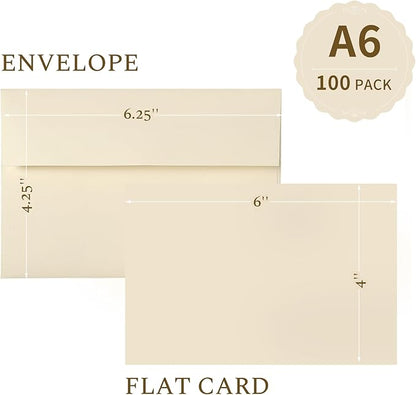 Ivory Blank Cards and Envelopes 4x6 (Not-Folded), Goefun Cream Flat Note Cards 4x6 and A6 Envelopes Self Seal 100 Pack for Wedding, Invitations, DIY Notecards, Birthday & All Occasion