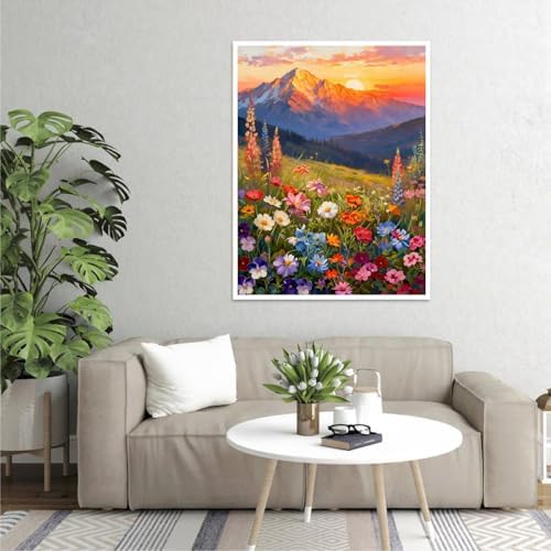 Clendo Landscape Paint by Numbers Kit for Adults Beginner, Flower Mountain Adult Paint by Number Kits on Canvas, Sunset Oil Painting Kit for Beginners Gift Home Wall Decor 16x20 Inch - Image 6