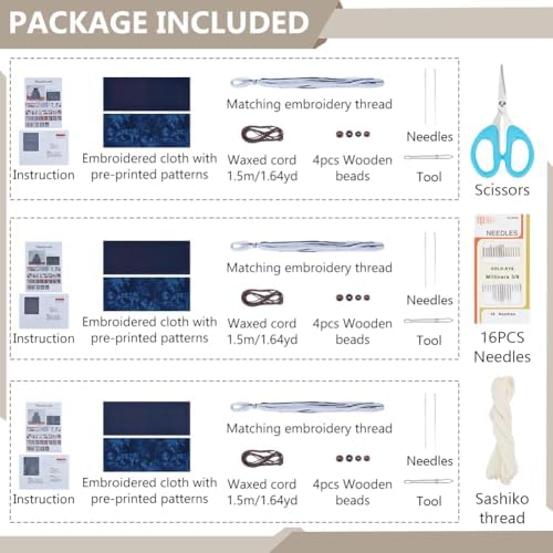 INFUNLY 3 Set Sashiko Drawstring Bag Kit DIY Sashiko Embroidery Bag Set with Printed Fabric Sewing Handbag Kits Embroidery Starter Kit Needlepoint Sewing Bags with Instruction for Beginner Adult - Image 2