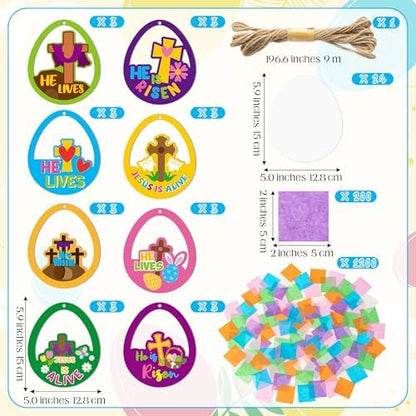 CJiangpo 24 Sets Religious Easter Egg Suncatcher Craft Kits, He is Risen DIY Stained Glass Window Ornament Rainbow Tissue Paper Art Craft for Classroom Sunday School Activities Christian Party Decor - Image 2
