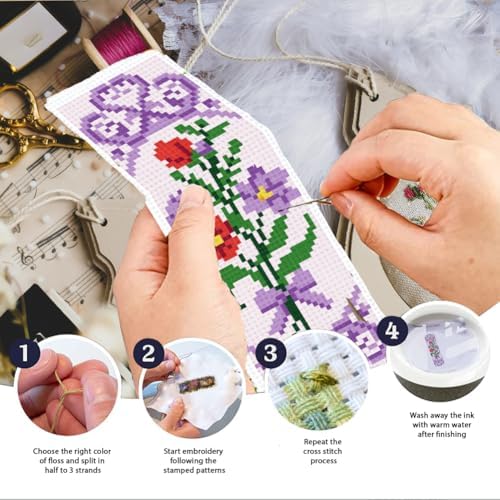 INFUNLY 6 Pcs Bouquet Stamped Cross Stitch Bookmark Kit with Tassels, Pre-Printed Water Soluble Grid for Adults Beginners, DIY Embroidery Set with Tools, Gift for Book Lovers - Image 3