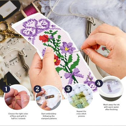 INFUNLY 6 Pcs Bouquet Stamped Cross Stitch Bookmark Kit with Tassels, Pre-Printed Water Soluble Grid for Adults Beginners, DIY Embroidery Set with Tools, Gift for Book Lovers - Image 3