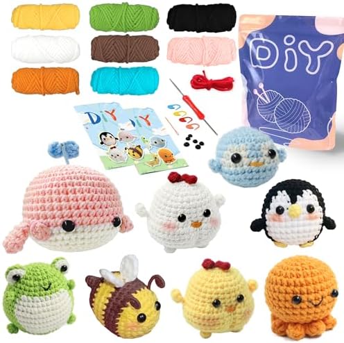 YAMAXIN Crochet Set for Beginners,for Complete Adults, Animal Crochet Hook Set for Beginners, Crochet Knitting Set with Video (8pcs Octopuses, Chickens, Frogs, Penguins, Whales, Bees) by YAMAXIN