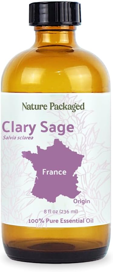 Nature Packaged Clary Sage Essential Oil - Direct from France - Steam Distilled - Aceite de Salvia Esclarea for Aromatherapy, Massage, Diffuser, DIY Candle and Soap Making - 8oz