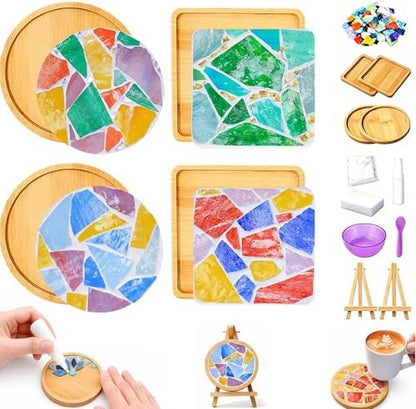 GHAHILI 4 Sets DIY Mosaic Kits for Adults - Graduation Birthday Gifts Glass Mosaic Tiles for Crafts with Wooden Coasters for Women Mosaic Art Kit Craft Coaster Handmade Making Kit Set for Home Decor by Unknown
