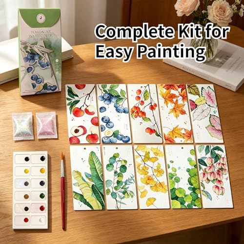 Watercolor Bookmarks to Paint for Adults & Beginners, 10PCS DIY Painting Bookmarks with Hollow Leaves Designs, Paint Set, Pen & Glitter, Stress Relief Art Craft Kit, Gift for Book Lovers, Readers - Image 4