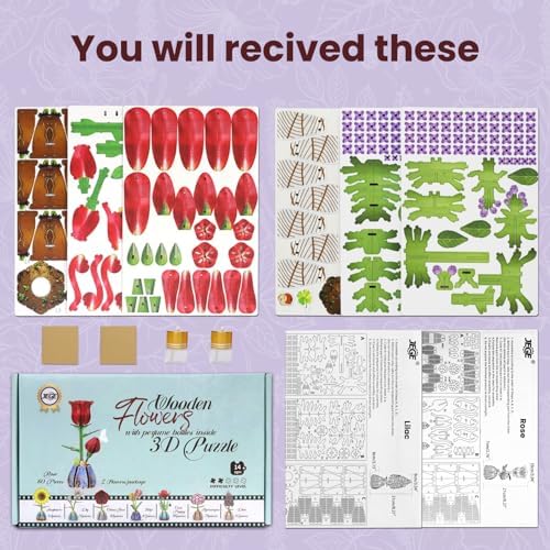 Jege 3D Flower Wooden Puzzles for Adults, DIY Building Set with 2 Flowers, 2 Perfume Bottles & Diffuser Sticks, Creative Craft Gifts & Home Decor (Rose + Lilac) - Image 6